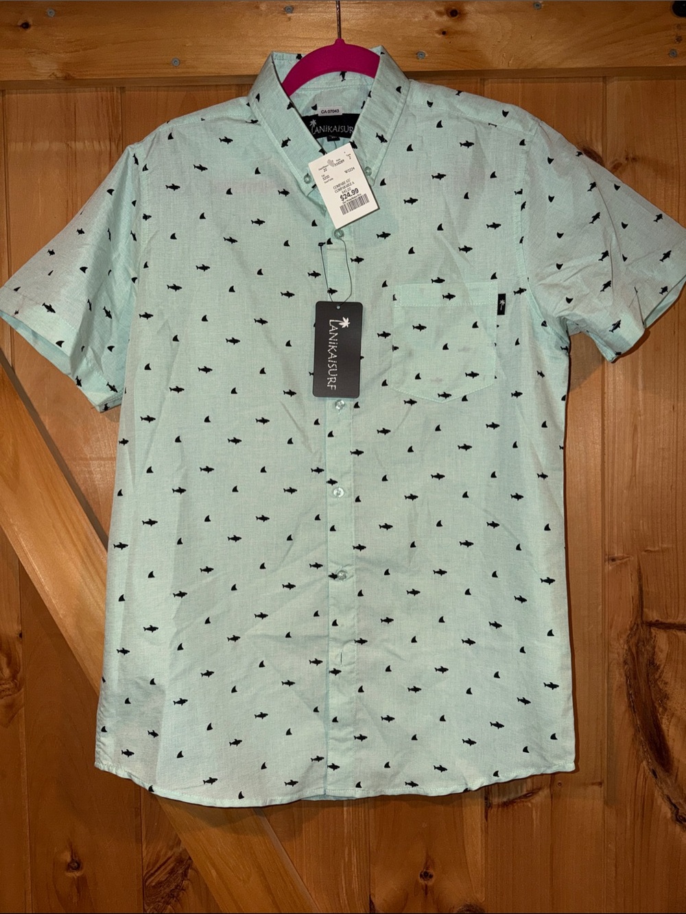 Men's Mint Short Sleeve Button-Down Shirt with Shark Print